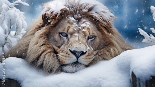 Lion Resting in Snow