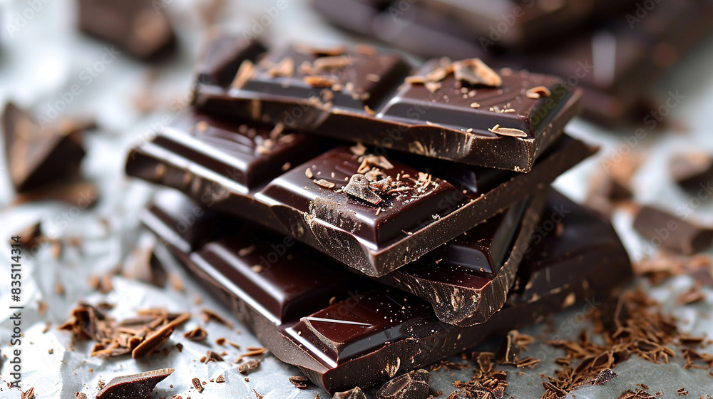 Delicious Dark Chocolate Pieces on Table On Blurry Background Delicious Dark Chocolate Pieces on Table On Blurry Background