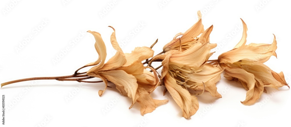 Fototapeta premium Dried lily martagon flower on white background for scrapbooking, floristry, or herbarium with copy space image.