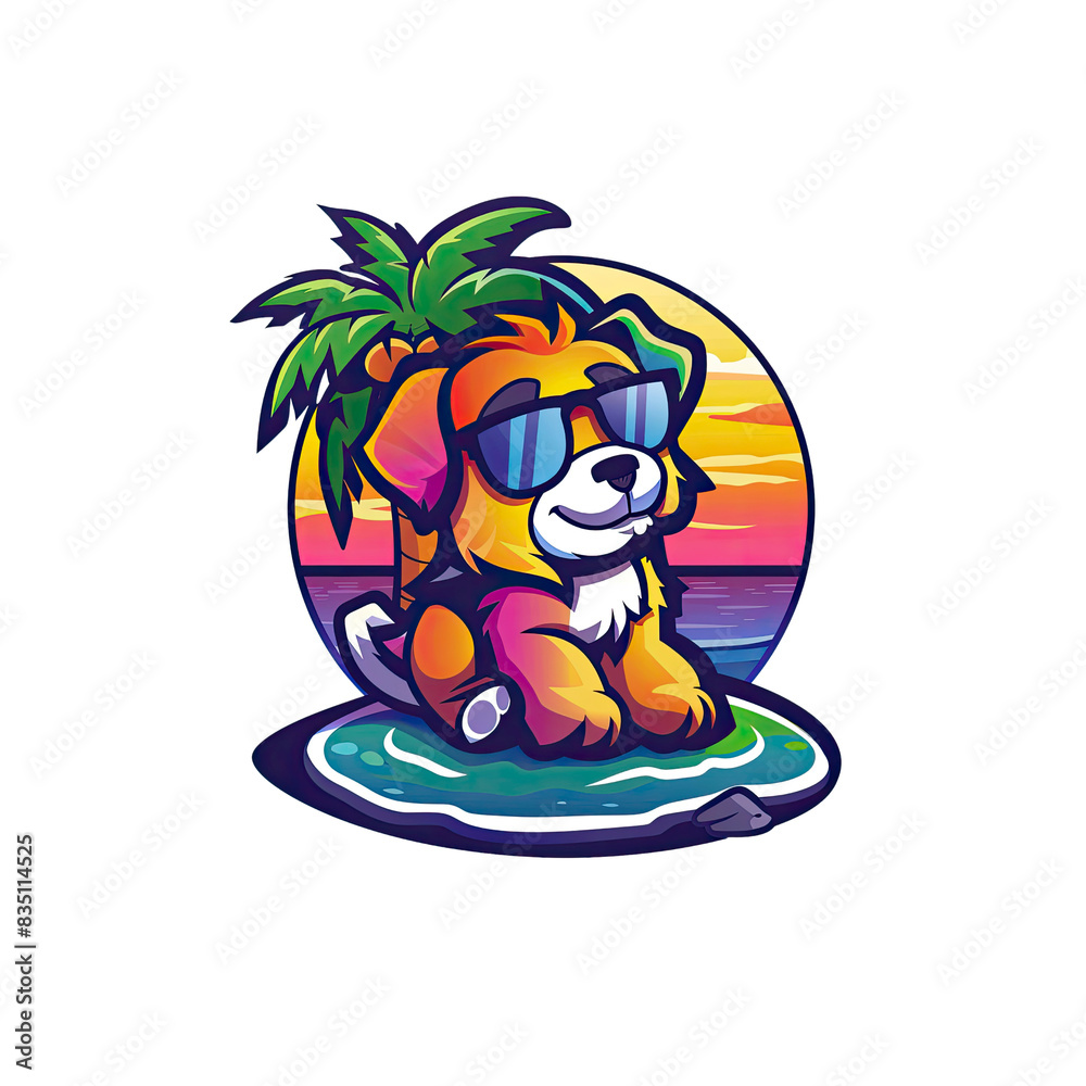 Fototapeta premium Cartoon pup at beach with palm tree