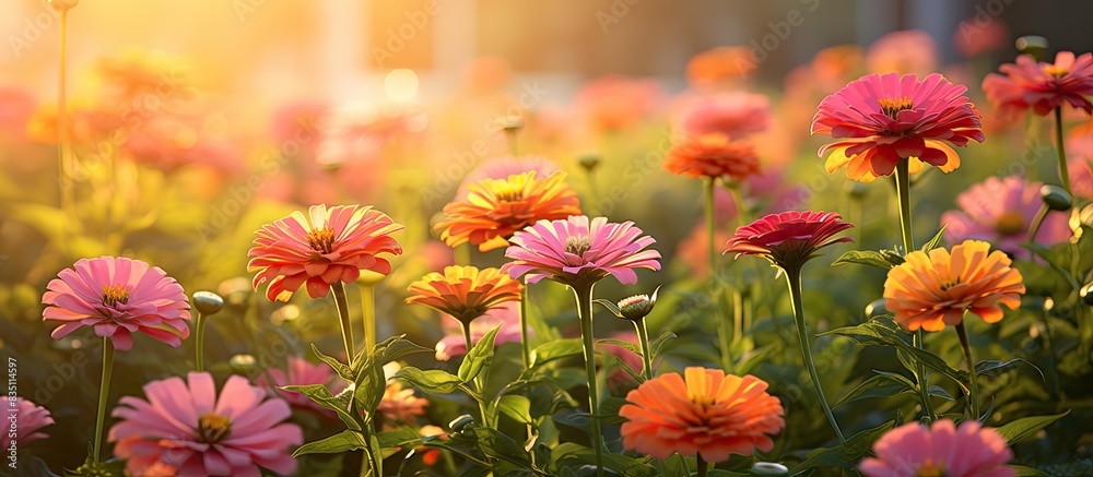 Stunning zinnias blooming in the morning light, perfect for a copy space image. Stunning zinnias blooming in the morning light, perfect for a copy space image.