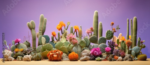 Various cacti like Cochineal nopal, Purple Lantana, Cereus hexagonus, and Cacto palmatoria can be found in this copy space image. photo