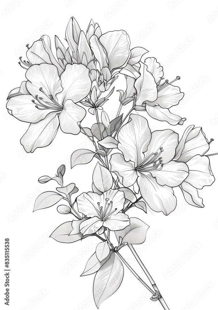 A simple yet beautiful coloring page featuring an azalea flower with intricate details of the petals, leaves, and stem. This image is perfect for adults and kids. A simple yet beautiful coloring page featuring an azalea flower with intricate details of the petals, leaves, and stem. This image is perfect for adults and kids.