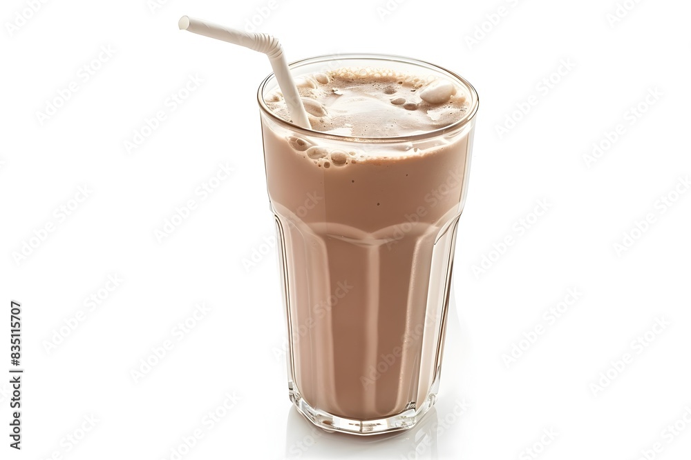 Photo of a Glass of Protein Shake with a Straw on White Background Photo of a Glass of Protein Shake with a Straw on White Background