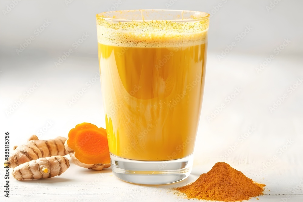 Vibrant Turmeric Latte in a Glass with Turmeric Powder on a White Background Vibrant Turmeric Latte in a Glass with Turmeric Powder on a White Background