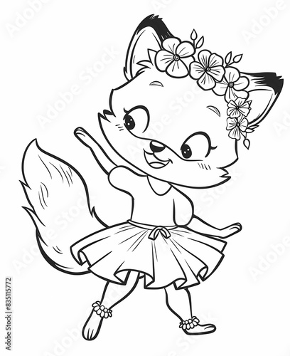 Cute fox wearing a soft tutu dress and a flower crown  dancing ballet.