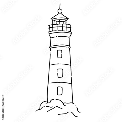 Illustration au trait noir d'un phare breton