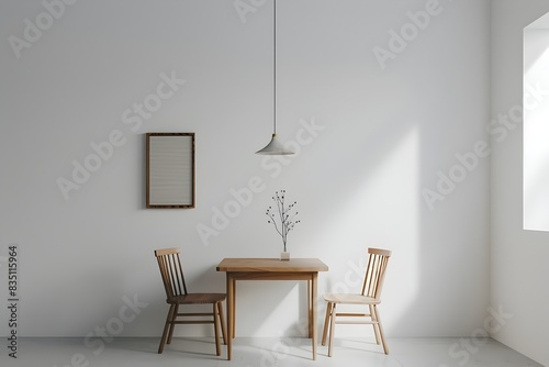 Minimalist Dining Area with Wooden Table Chairs and Pendant Light