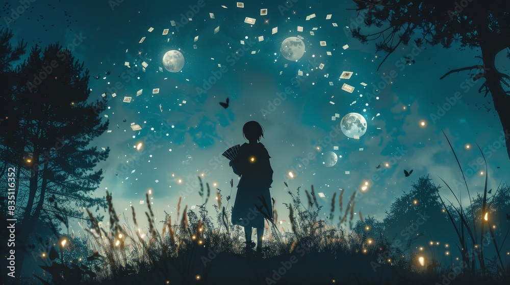 A silhouette of a figure standing in a moonlit forest, holding a deck of tarot cards, with mystical symbols floating around, representing the practice of prophecy. A silhouette of a figure standing in a moonlit forest, holding a deck of tarot cards, with mystical symbols floating around, representing the practice of prophecy.
