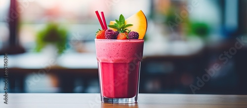 Close-up toned photo of a mangro smoothie in a glass, showing a refreshing drink with a vivid and vibrant appearance, ready for use as a copy space image. photo