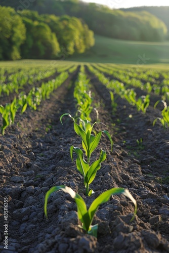 Rows of young corn plants growing on the field