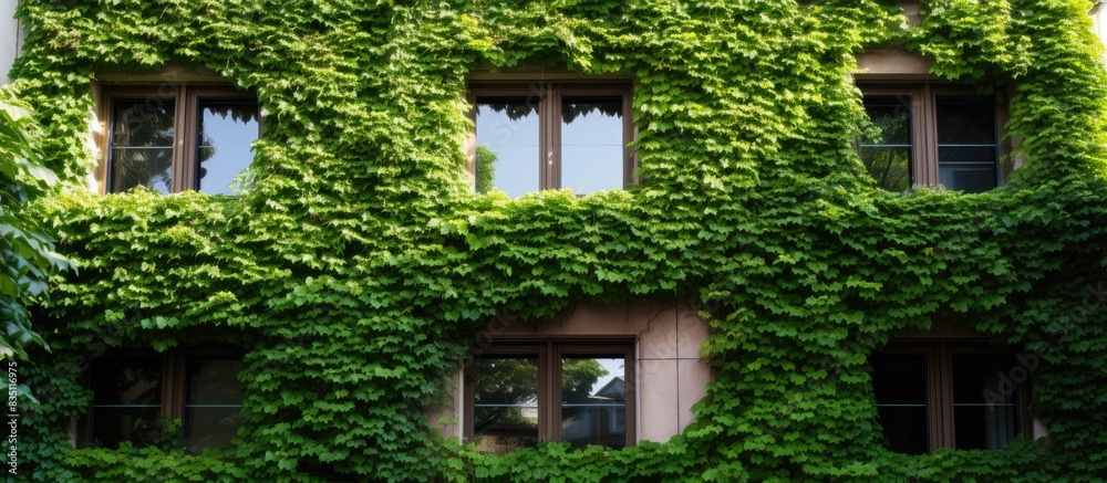 Building enveloped in lush green ivy leaves with a blank space for text or graphics in the image. with copy space image. Place for adding text or design Building enveloped in lush green ivy leaves with a blank space for text or graphics in the image. with copy space image. Place for adding text or design