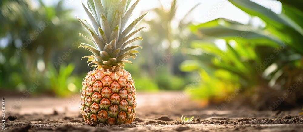 A vibrant close-up image of a fresh tropical pineapple growing on a farm with ample copy space image. A vibrant close-up image of a fresh tropical pineapple growing on a farm with ample copy space image.