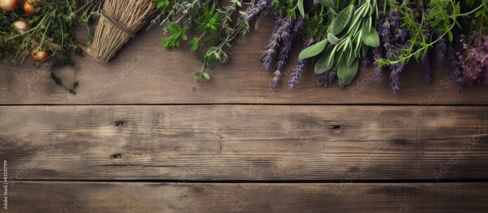 A rustic background featuring herbs, with space for text or other elements in the image. with copy space image. Place for adding text or design A rustic background featuring herbs, with space for text or other elements in the image. with copy space image. Place for adding text or design