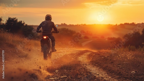 Riding a dirt bike through challenging terrain at sunset