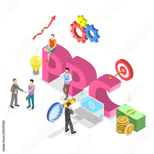 3D Isometric Flat Illustration of SEO Vs PPC, Comparison Pay Per Click and Search Engine Optimization Marketing. Item 2