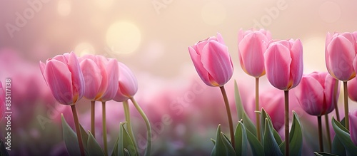 Pink tulips in bloom with textured petal edges against a blurred background, suitable for copy space image. #835117138