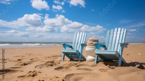 Two Blue Chairs on a Peaceful Sandy Beach Under a Cloudy Blue Sky