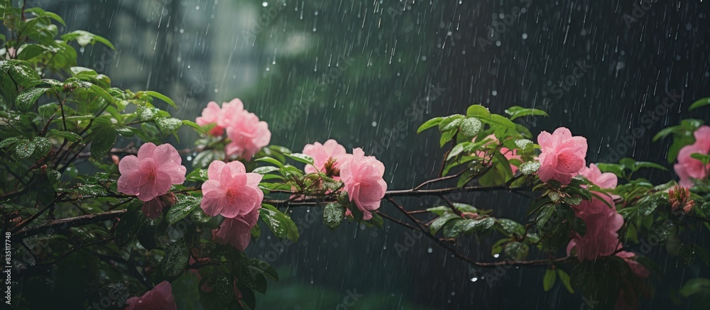 In the rainy season, pink flowers and green leaves thrive with rainwater, creating a stunning view in the copy space image.