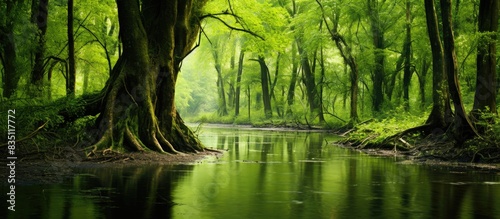 In spring, a lush swamp tree grows freely, offering a natural setting with ample copy space image.