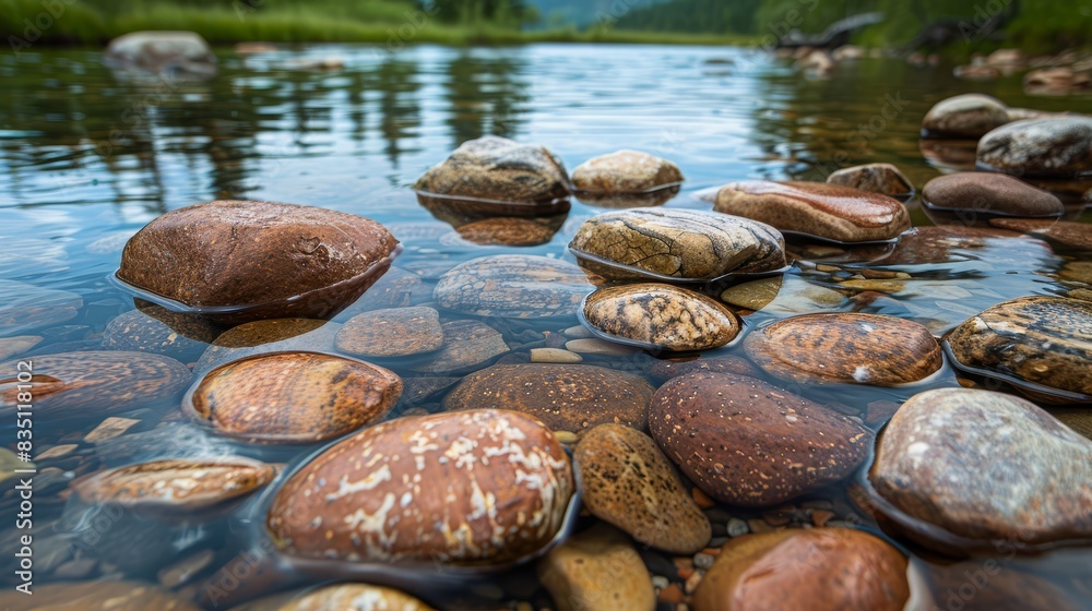 Natural beauty of unique-shaped stones with patterns near a serene, clear lake. Perfect for illustrating themes of nature and outdoor exploration