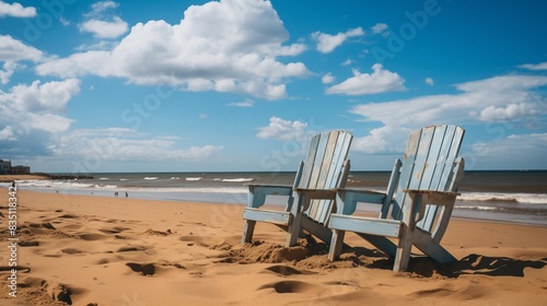 Two Beach Chairs Facing the Ocean on a Sandy Beach Under a Blue Sky with Clouds