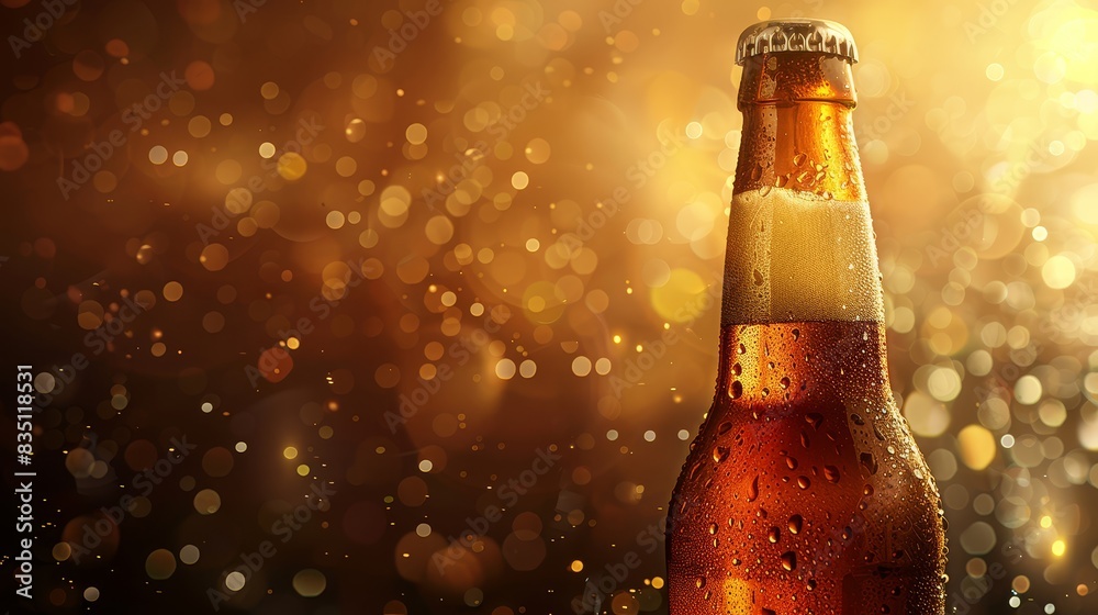 Photorealistic close-up of a cold, refreshing beer bottle with condensation droplets on a dark, blurred background. Perfect for themes of refreshment and beverage marketing Photorealistic close-up of a cold, refreshing beer bottle with condensation droplets on a dark, blurred background. Perfect for themes of refreshment and beverage marketing