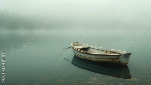 At the edge of a mist-covered lake, a rowboat floats eerily, its oars resting as if the rower has vanished into the mystical, otherworldly fog. photo
