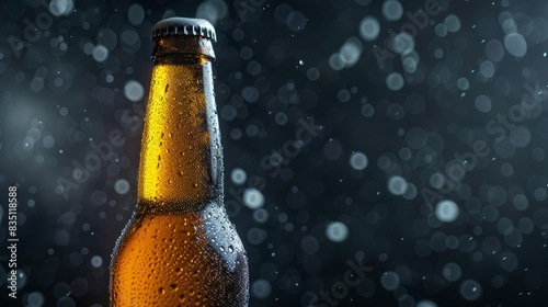 Photorealistic close-up of a cold beer bottle with droplets of condensation, highlighting the refreshing nature of the beverage. Perfect for beverage advertising and marketing photo