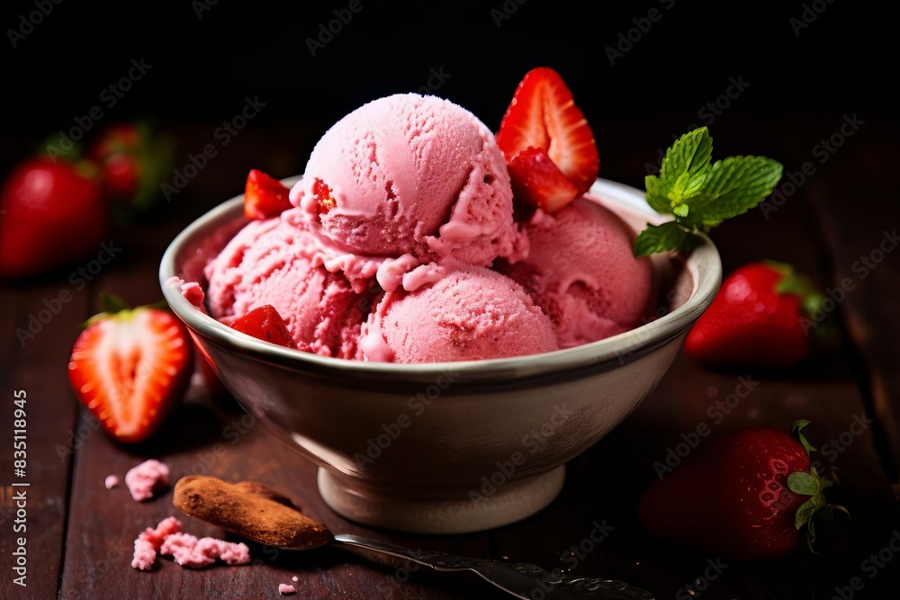 A bowl of strawberry ice cream with fresh strawberries, A bowl of strawberry ice cream with fresh strawberries,