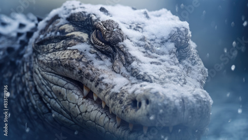 Fierce crocodile navigating a snowy landscape 