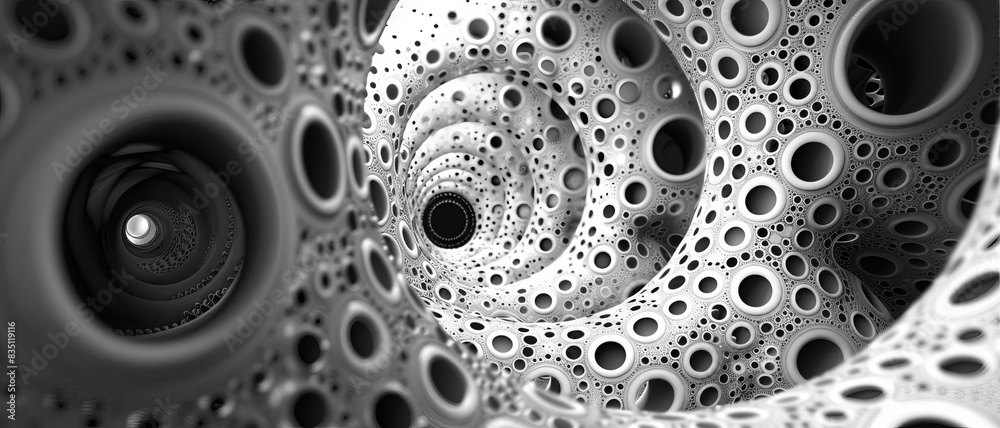 Metallic gears spinning in a black and white patterned tunnel Metallic gears spinning in a black and white patterned tunnel