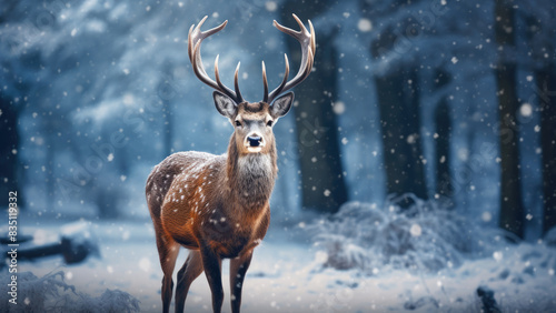 Elegant deer with impressive antlers in a winter wonderland 