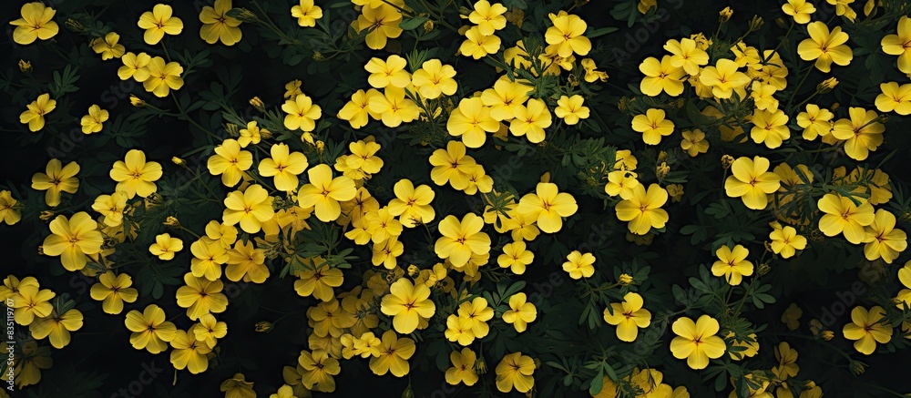 Aerial view of softly-focused yellow flowers amidst green grass, with copy space image. Aerial view of softly-focused yellow flowers amidst green grass, with copy space image.