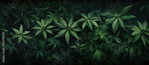 Leaves with intricate designs on a background of green foliage in a copy space image.