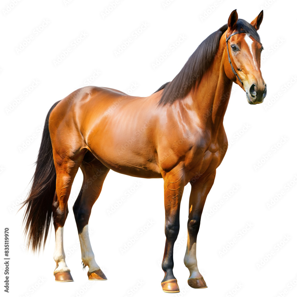 Naklejka premium A brown horse stands in a field, looking to the right. Its coat is a rich, chestnut brown and its mane and tail are black. The horse is wearing a bridle