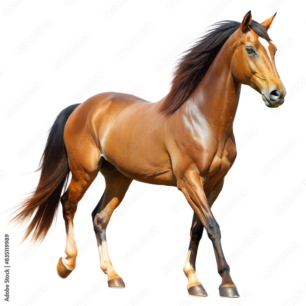 Fototapeta premium A brown horse with a black mane runs forward against a transparent background