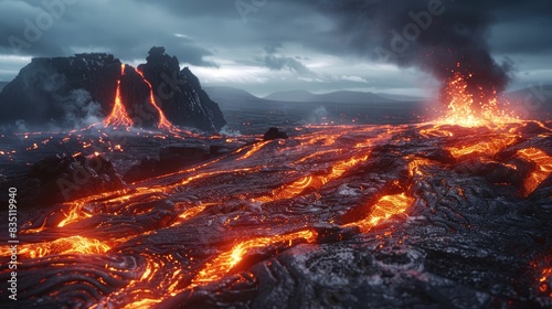 Lava flows through rocky terrain with a volcanic eruption in the background under a dark, cloudy sky.