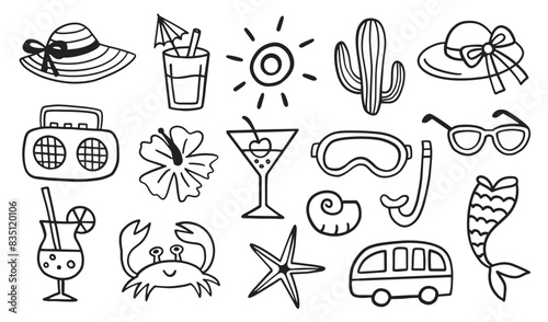 Summer Doodle Sketches Hand Drawn Beach Shapes Set