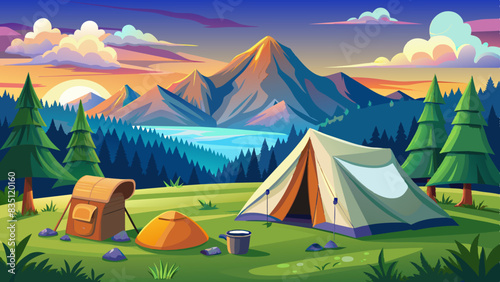 A large white camping tent with camping gears in green grass with mountains and blue sky with white clouds in the background.