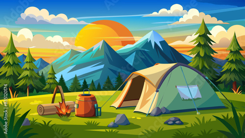 A large white camping tent with camping gears in green grass with mountains and blue sky with white clouds in the background.