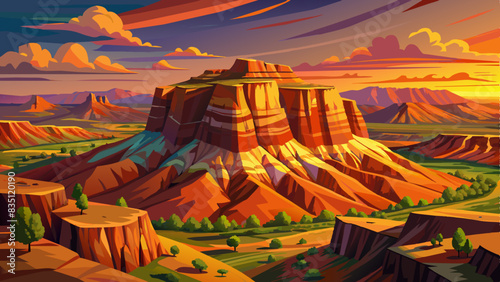 Aerial view of a sandstone mound in the desert valley at sunset