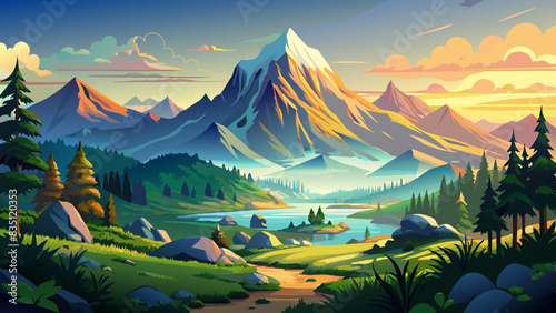 Panorama of the beautiful countryside. grassy terrain and rolling hills. 