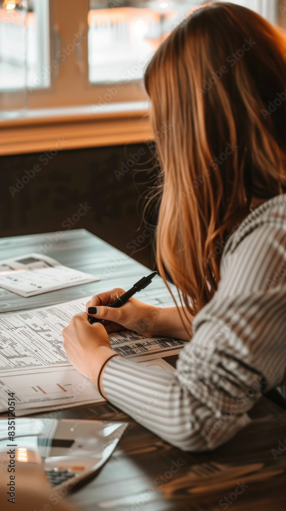 A woman sits at a table, filling out an application form with a pen A woman sits at a table, filling out an application form with a pen