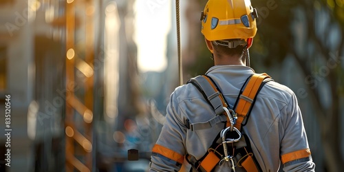 Construction worker equipped with safety harness and zip line for fall protection. Concept Construction Safety, Fall Protection, Safety Harness, Construction Worker, Zip Line Safety photo