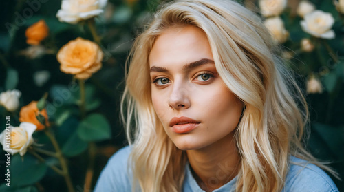 Stunning portrait of a beautiful woman influencer and model with blonde hair highlights