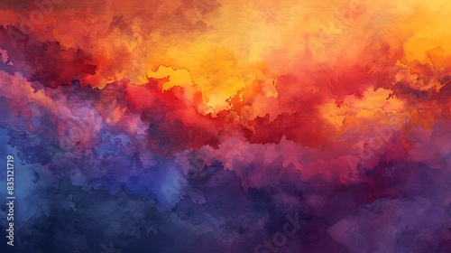 A high-resolution watercolor illustration of dynamic clouds illuminated by the warm hues of a sunset. The clouds are painted with bold, expressive brushstrokes in vibrant shades of orange, red, and