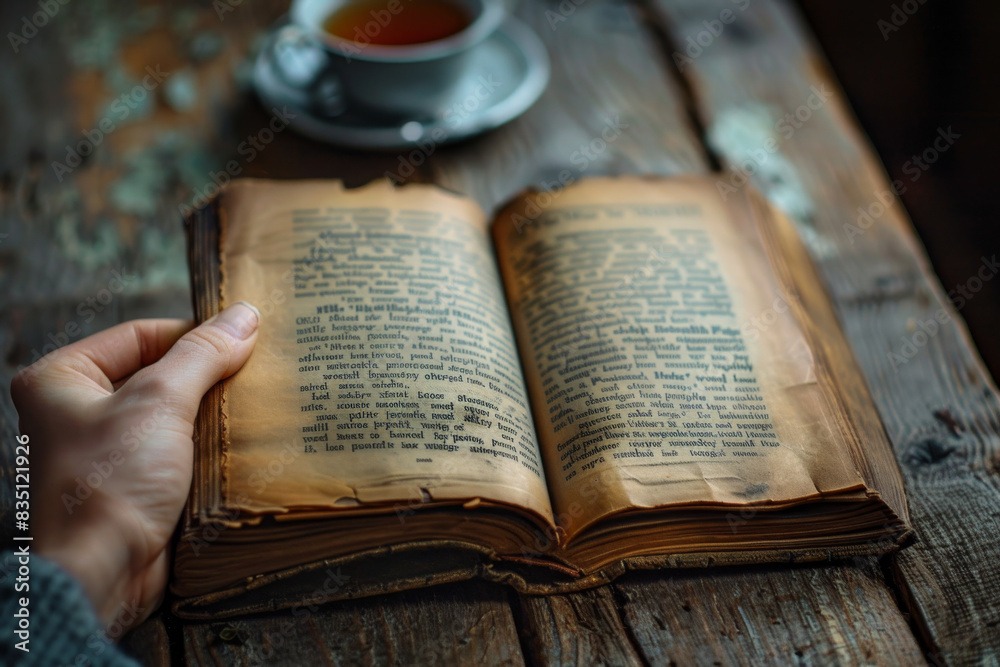 Obraz premium A close-up of a person reading an old, vintage book on a wooden table with a cup of tea in the background, evoking a sense of nostalgia and warmth.
