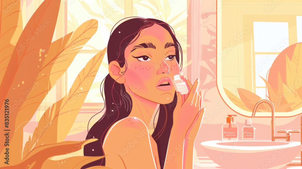 A woman with long dark hair applies moisturizer to her face in front of a mirror in a bathroom with a sink and leafy plants A woman with long dark hair applies moisturizer to her face in front of a mirror in a bathroom with a sink and leafy plants