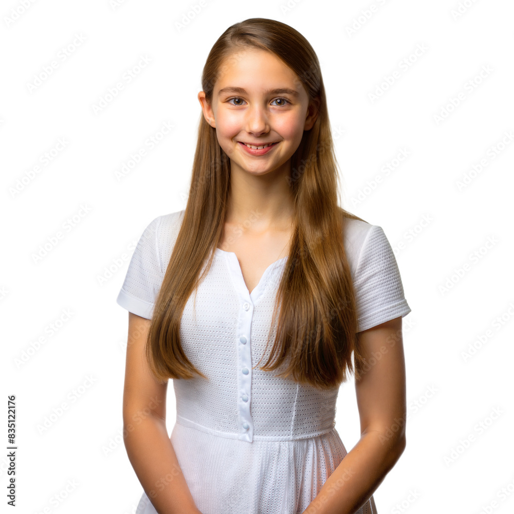 Fototapeta premium A young girl with long brown hair smiles as she poses in a white dress against a transparent background